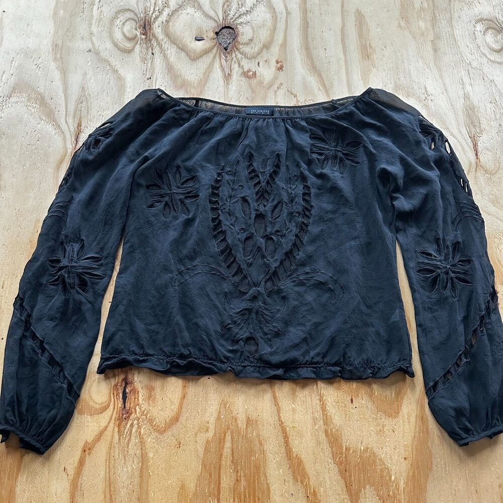 The Limited Silk Black Cutout Peasant Blouse - Medium